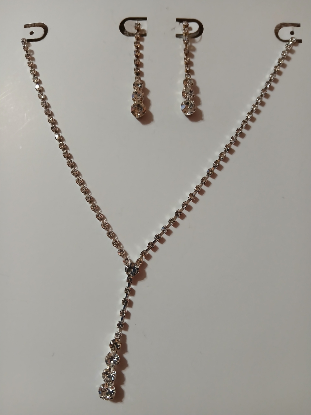 Silver Rhinestone Y-Drop Necklace and Earrings Set